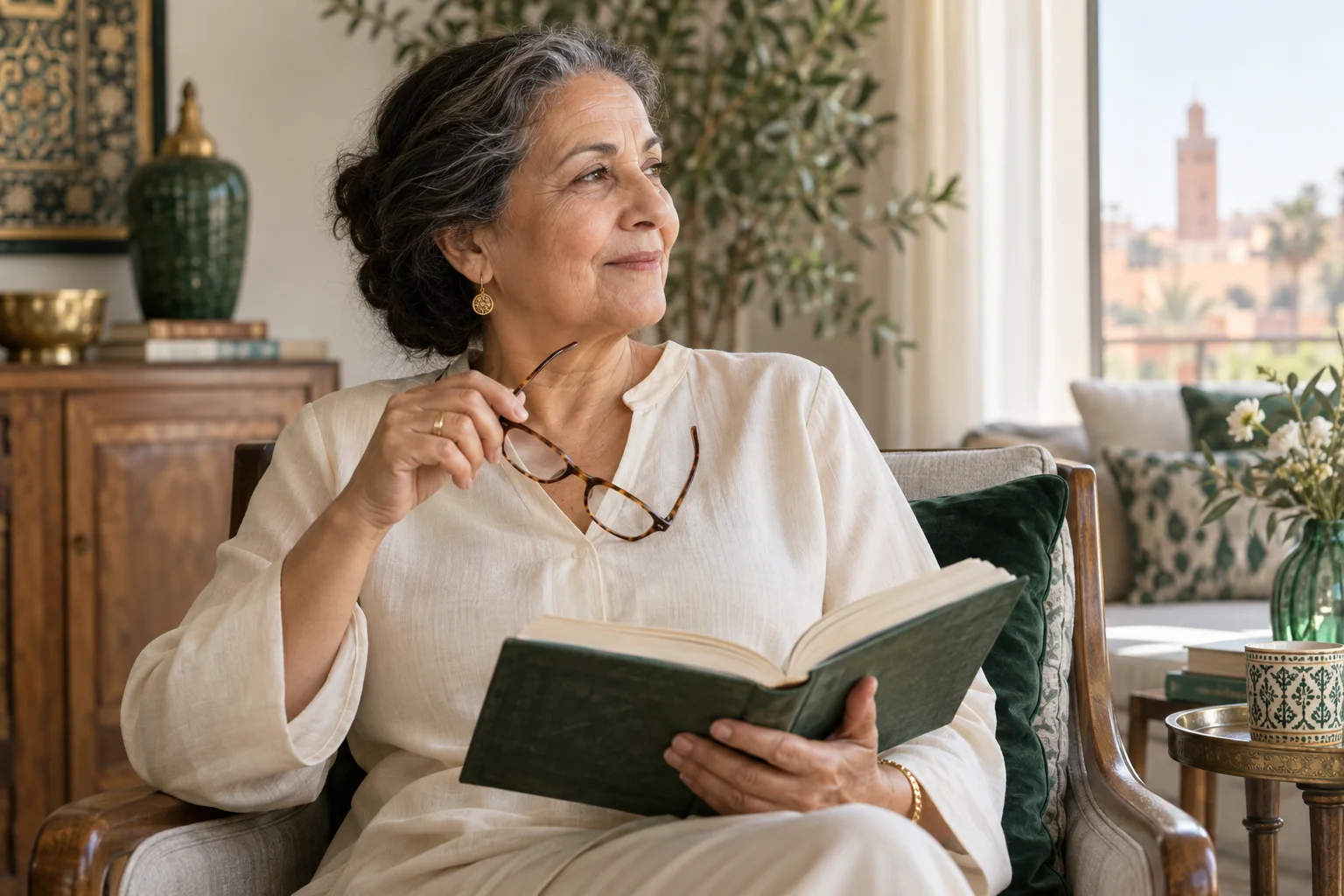 Illustration d’une femme tenant un livre et ses lunettes dans un intérieur lumineux