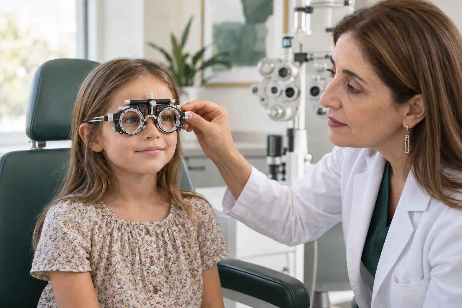 Illustration d’une consultation : une ophtalmologue ajuste une monture d’essai sur une enfant