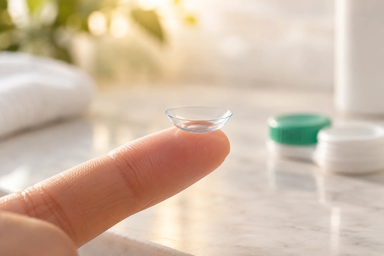 Illustration d’une lentille de contact transparente sur le bout d’un doigt